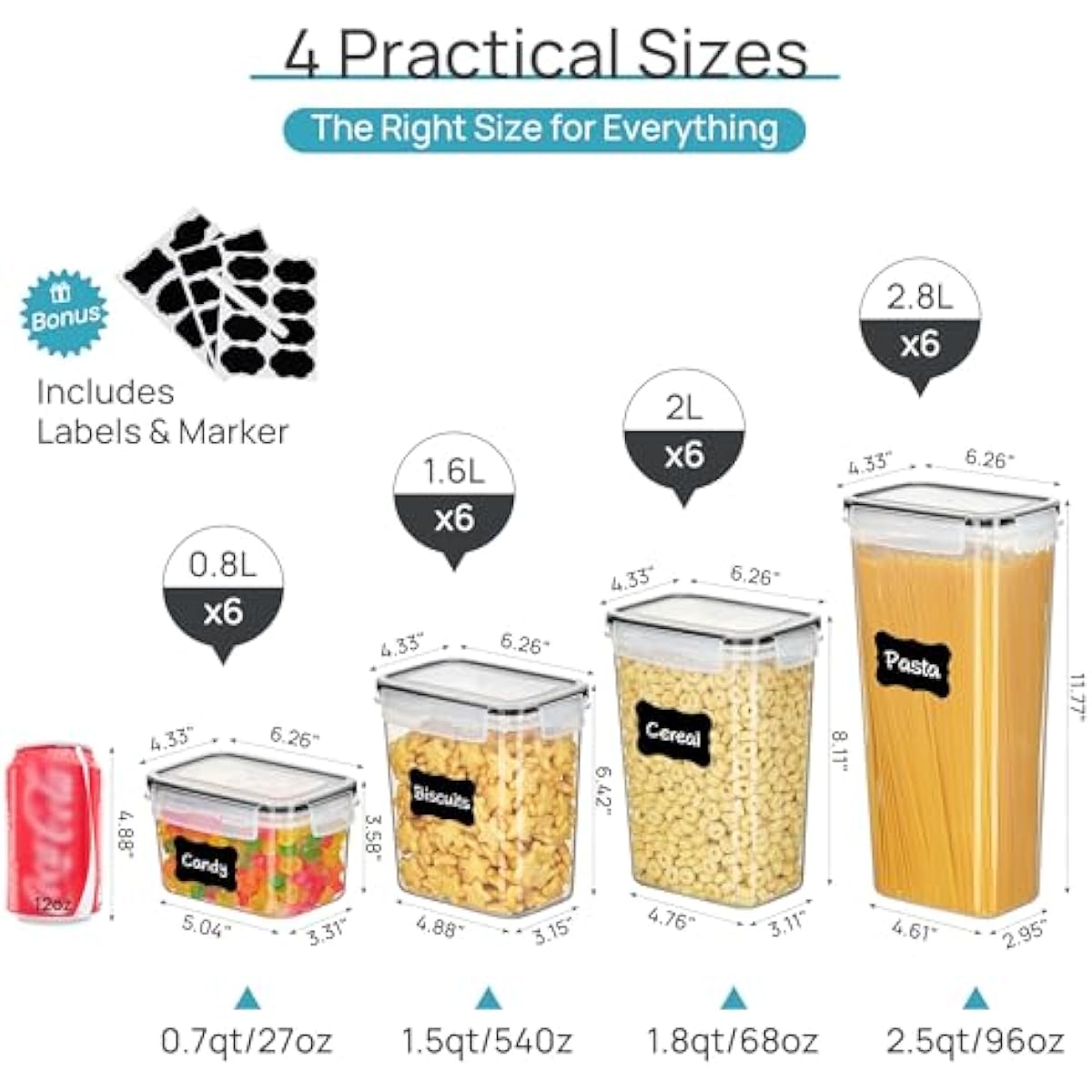 Airtight Food Storage Containers with Lids, Vtopmart 24 pcs Plastic Kitchen and Pantry Organization Canisters for Cereal, Dry Food, Flour and Sugar, BPA Free, Includes 24 Labels，Black