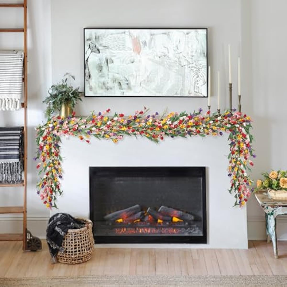 6ft Spring Flower Garland for Mantle Decor: Artificial Floral Vine with Greenery for Wedding Arch, Fireplace, Table & Wall, All Season Home Decor for Summer, Easter, Mother's Day (Yellow+Pink)
