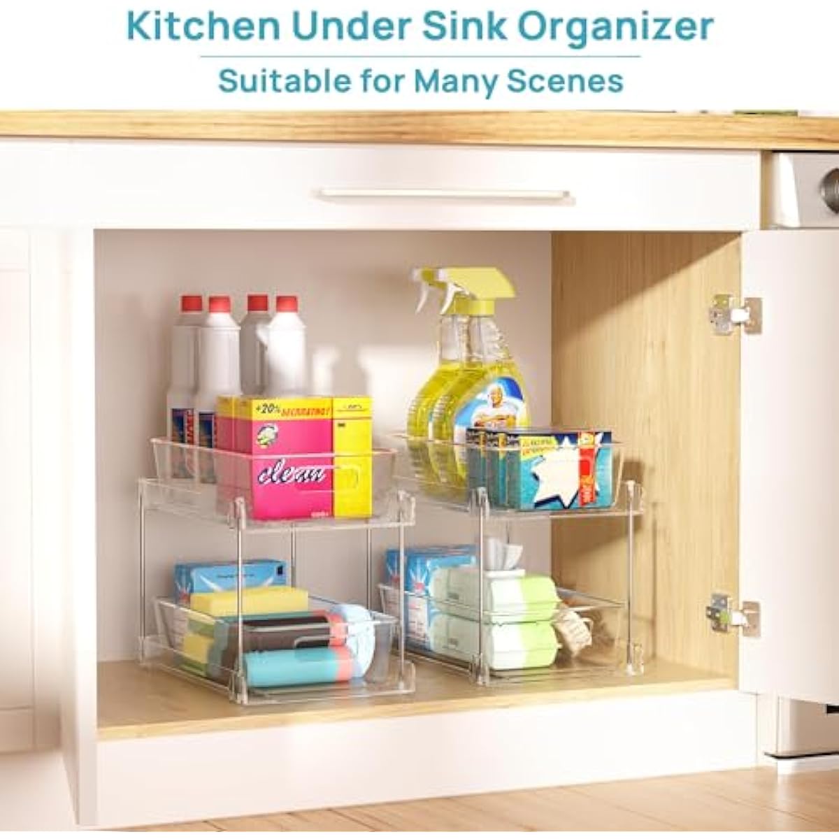 Vtopmart 4 Pack Bathroom Organizer, 2 Tier Clear Under Sink Organizers Vanity Countertop Storage Container,Cabinet Drawers Bins, Pull-Out Organization with Track for Pantry, Kitchen