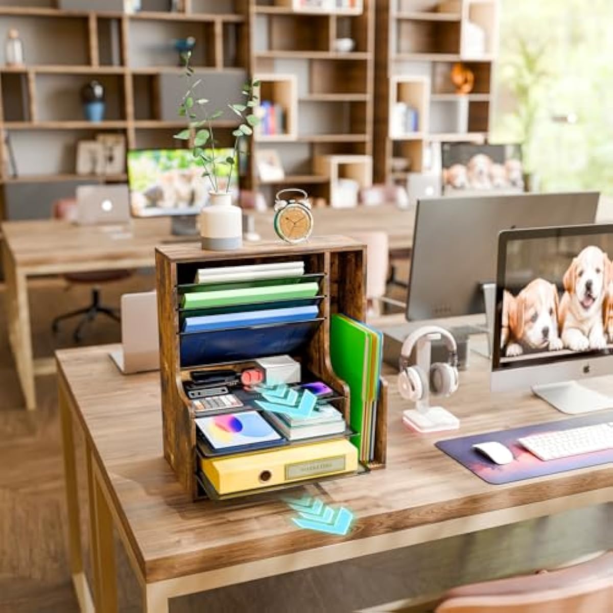 Simple Trending 7 Tier Desk File Organizer, Wooden Letter Tray Paper Organizer with Adjustable File Holder, Mesh Desktop Organizer and Storage for Office Supplies