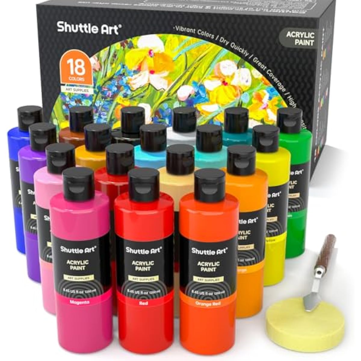 Shuttle Art 18 Colors Acrylic Paint Bottle Set (250ml/8.45oz), Rich Pigmented Bulk Painting Supplies for Artists, Beginners and Kids on Rocks Crafts Canvas Wood Ceramic