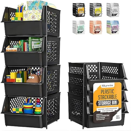 TidyFriend 4 Pack Stackable Storage Bins Open Front for Pantry Organizers and Storage, Pantry Storage for Food, Kitchen and Home Organization, Plastic Storage Bins, Dorm Room Essentials (Black)