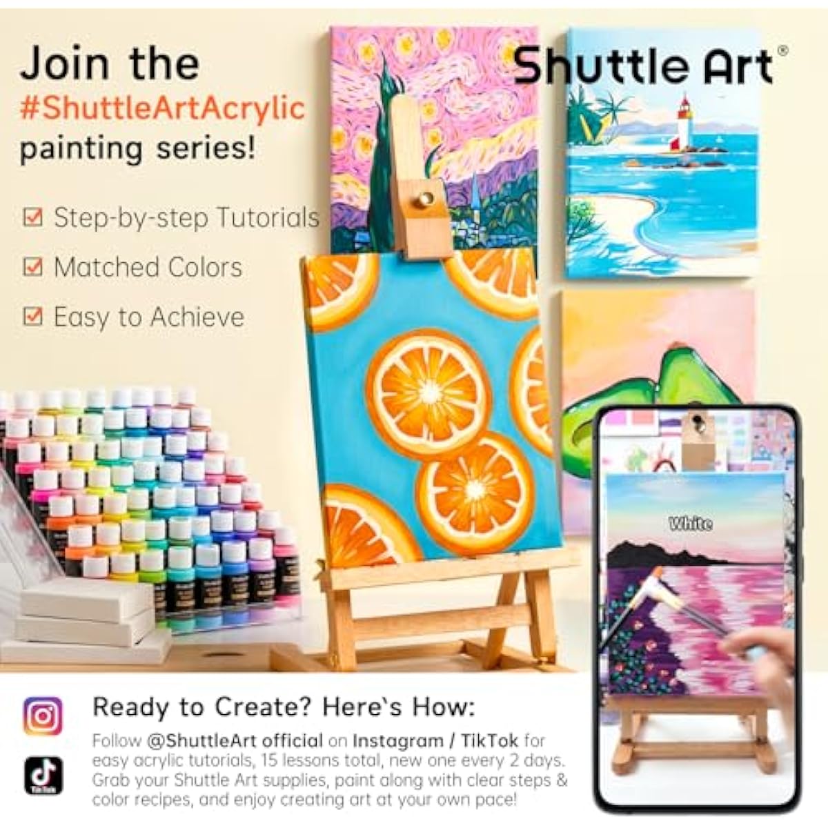 Shuttle Art Acrylic Paint, 50 Colors Acrylic Paint Set, 2oz/60ml Bottles, Rich Pigments, Water Proof, Premium for Artists, Beginners and Kids on Canvas Rocks Wood Ceramic Fabric
