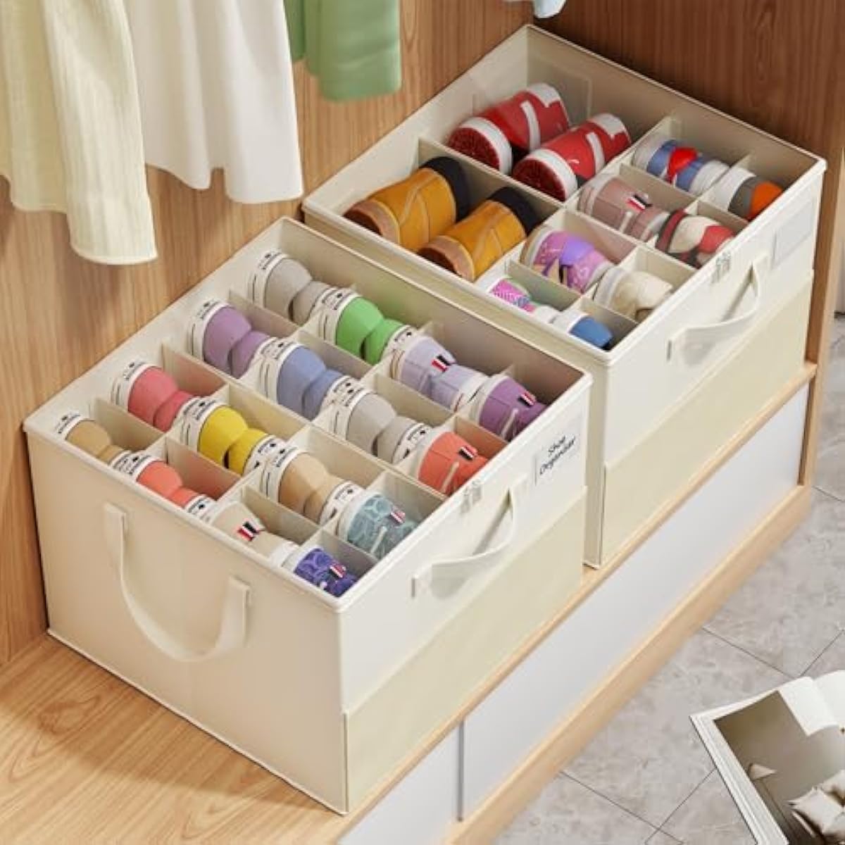 2 Pack Shoe Organizer for Closet, Large Shoe Box Storage Containers, Foldable Shoe Storage Organizer Box Bin with Adjustable Dividers and Clear Cover, Space Saving Shoes Holder, Beige