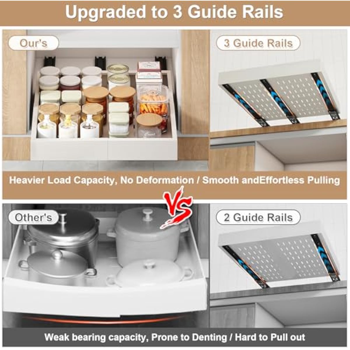 Pull out Cabinet Organizer,Width (14"-21") and Depth (17"-24") Expandable With 3 Rails,No Drill Adjustable Slide out Drawers for Kitchen,Pantry,Adhesive Roll out Shelves,for Cabinets Without Lip,White