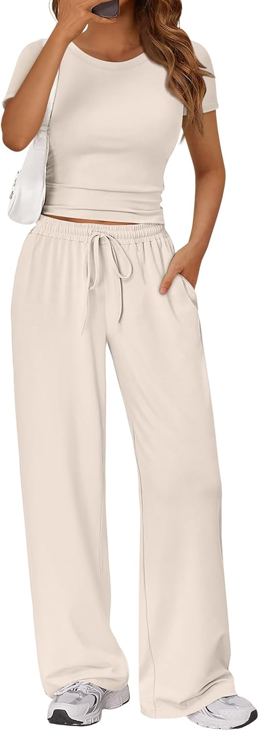 Trendy Queen 2 Piece Matching Summer Sweatsuit Lounge Set Womens Wide Leg Pants Side Ruching Crop Top Sets