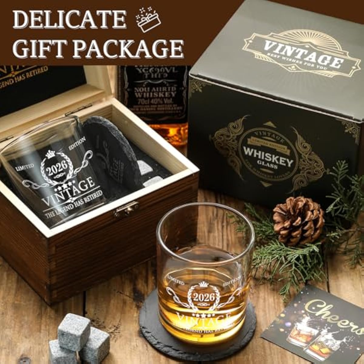 Retirement Gifts for Men Whiskey Glass Set - The Legend Has Retired 2026 - Retirement Party Decorations, Supplies - Gifts Ideas for Him, Dad, Husband, Friends - Wood Box & Whiskey Stones & Coaster