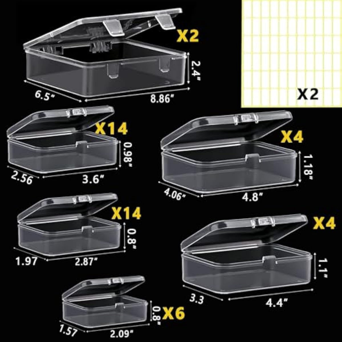 Bead storage container,44pcs of different sizes rectangular mini clear plastic storage box with hinged lid and label for bracelet making DIY jewelry craft nail organizer,Mix Size-2
