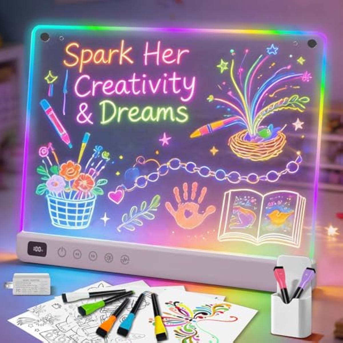 Led Drawing Board with 13 Light Effects, 16" Rechargeable Glow Doodle LED Note Board with Colors, Neon Light Up Drawing Tablet Gifts for Kids for Easter Birthday Christmas Gift Ideas