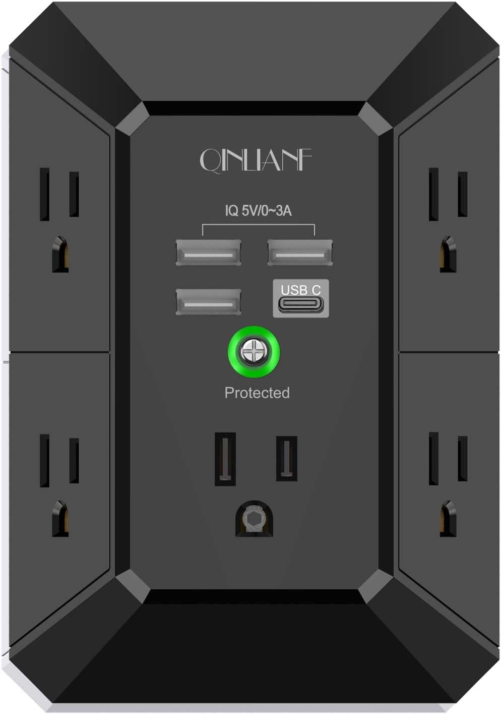 Wall Charger, Surge Protector, QINLIANF 5 Outlet Extender with 4 USB Charging Ports, 3-Sided 1680J Power Strip Multi Plug Adapter Spaced for Home Travel Office