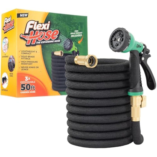 Flexi Hose Expandable Garden Hose with 8 Function Nozzle, 50FT - Lightweight Retractable Garden Hose, Water Hose - No-Kink Flexibility, 3/4 Inch Solid Brass Fittings and Double Latex Core