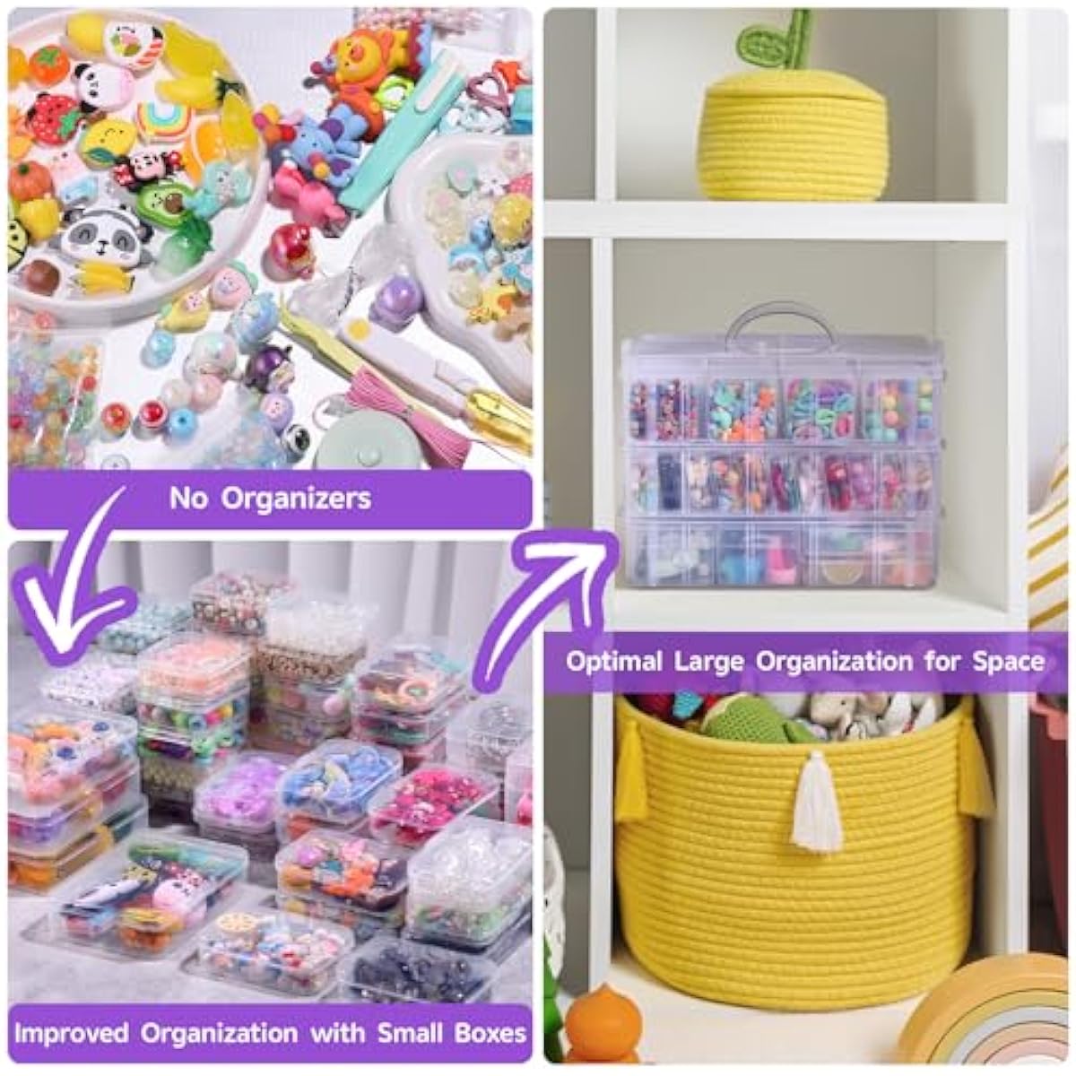 Funtopia Bead Organizers and Storage, 56 Pcs Small Plastic Containers with Lids and 3-Tier Stackable Storage Box, Mini Clear Organizers for Jewelry Toys Craft Storage (4 Sizes)