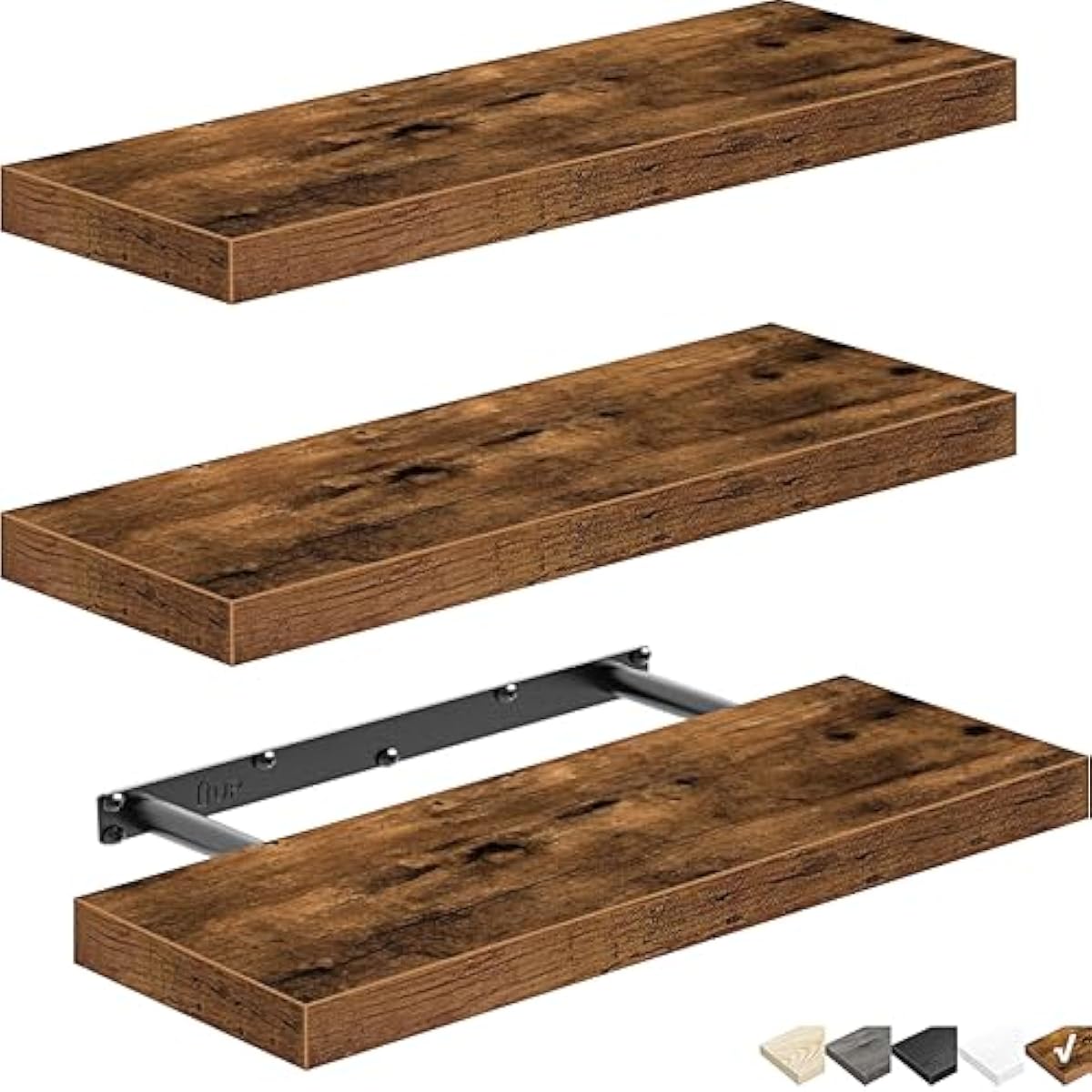 QEEIG Floating Shelves for Wall Bathroom Shelf Bedroom Kitchen Living Room Hanging Book Shelves Small Farmhouse Decor 16 inch Set of 3, Rustic Brown (015-BN3)