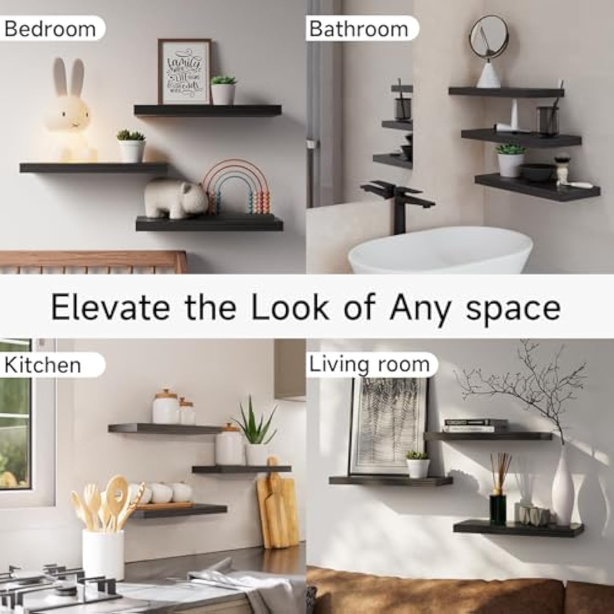 BAYKA Floating Shelves for Wall, Wall Mounted Rustic Wood Shelves for Bathroom, Bedroom, Living Room, Kitchen, Hanging Shelf for Books/Storage/Room Decor with 22lbs Capacity (Black, Set of 3, 15.7in)