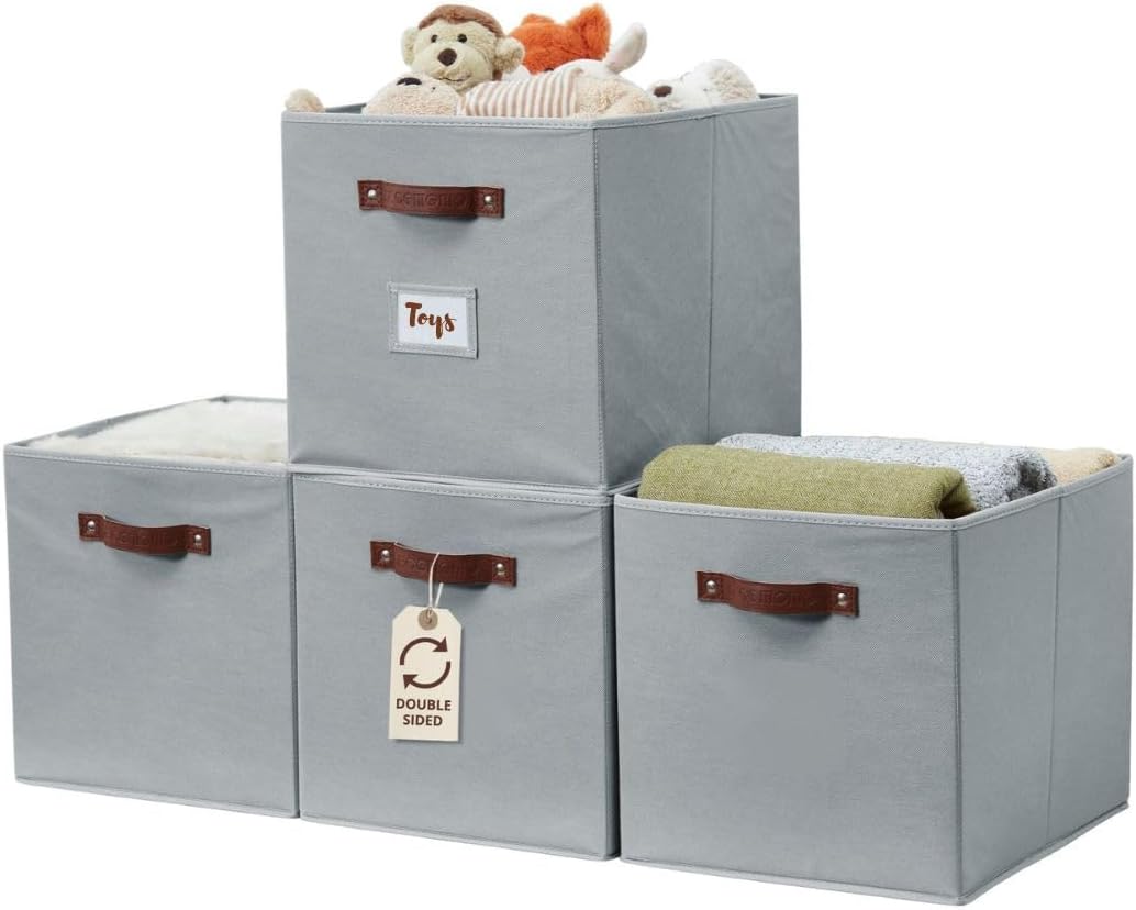 DECOMOMO Storage Bins, Cube Storage Bin with Labels, Fabric Storage Cubes for Shelves (10.5" x 11" / 6pcs, Beige)