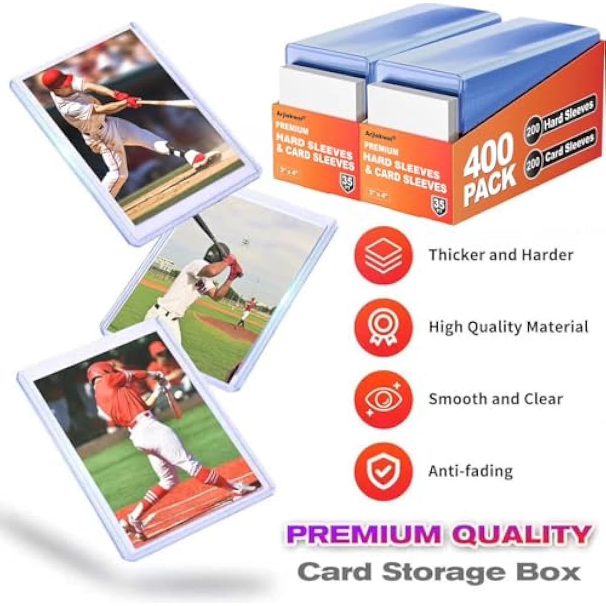 400 Card Sleeves Hard Plastic, Arjiekwei 3"X4" Baseball Cards Protectors Plastic, Premium Card Holder for Trading Sports Baseball Football Game Cards (200 Hard Sleeve + 200 Soft Sleeve)