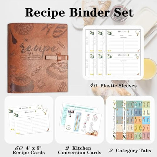 Recipe Binder, Recipe Book Binder with Plastic Sleeves, Blank Recipe Card Book to Write in Your Own Recipes (4" x 6" Recipe Cards & Category Tab) (Light Brown)