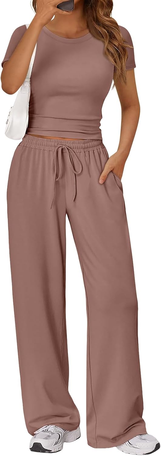 Trendy Queen 2 Piece Matching Summer Sweatsuit Lounge Set Womens Wide Leg Pants Side Ruching Crop Top Sets
