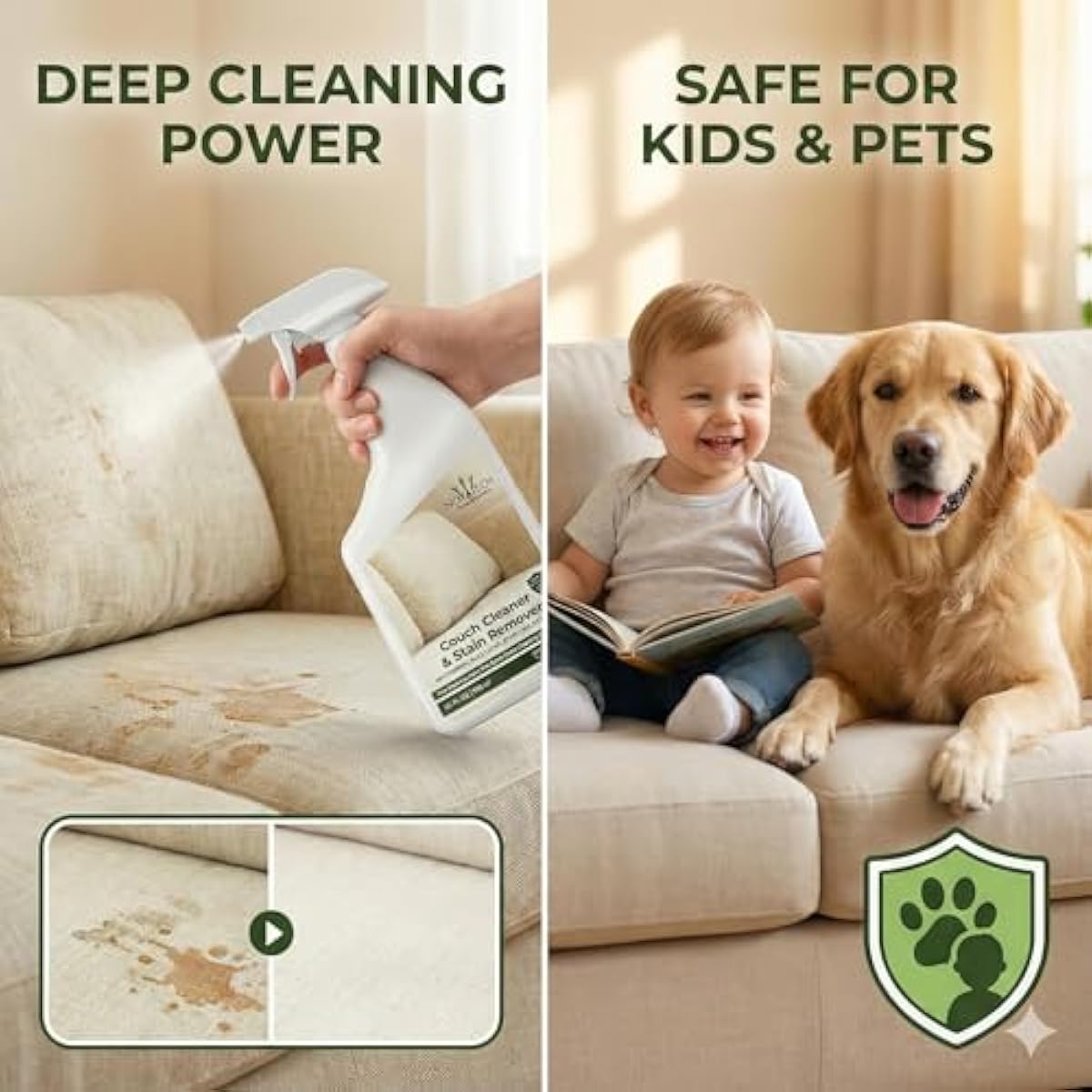 Couch Cleaner and Stain Remover Spray – Professional Strength, Multi-Surface Fabric and Upholstery Cleaner – Pet-Safe, Non-Toxic, Quick-Drying for Couches, Sofas & Car Interiors.