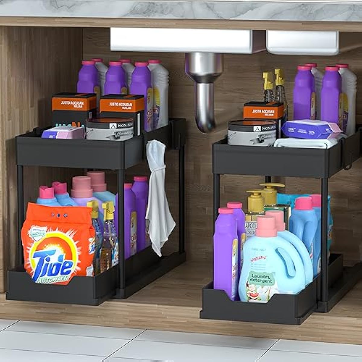 DEKAVA Under Sink Organizer 2 Pack, Bathroom Cabinet Organizer, 2 Tier Sliding Cabinet Basket Organizer Drawer, Multi-Purpose Bath Collection Baskets for Bathroom (Black)