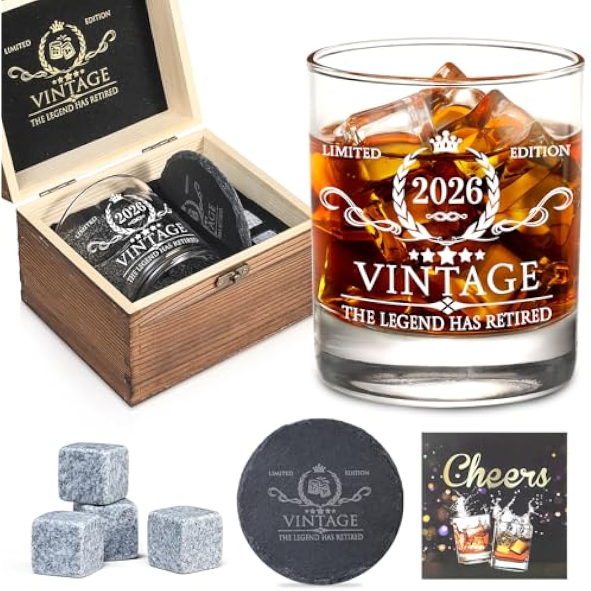 Retirement Gifts for Men Whiskey Glass Set - The Legend Has Retired 2026 - Retirement Party Decorations, Supplies - Gifts Ideas for Him, Dad, Husband, Friends - Wood Box & Whiskey Stones & Coaster
