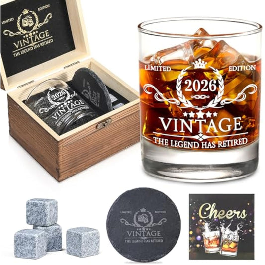 Retirement Gifts for Men Whiskey Glass Set - The Legend Has Retired 2026 - Retirement Party Decorations, Supplies - Gifts Ideas for Him, Dad, Husband, Friends - Wood Box & Whiskey Stones & Coaster