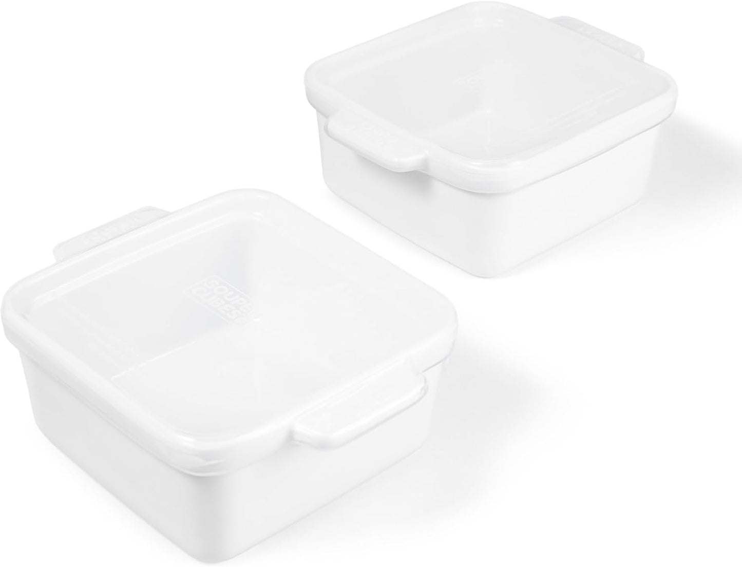 Souper Cubes Stoneware 2.0-5" x 5" Baking Dishes for Oven, Made in USA, Premium Mini Ceramic Baking Dishes with Silicone Covers for Individual Portions, Set of 2 - White