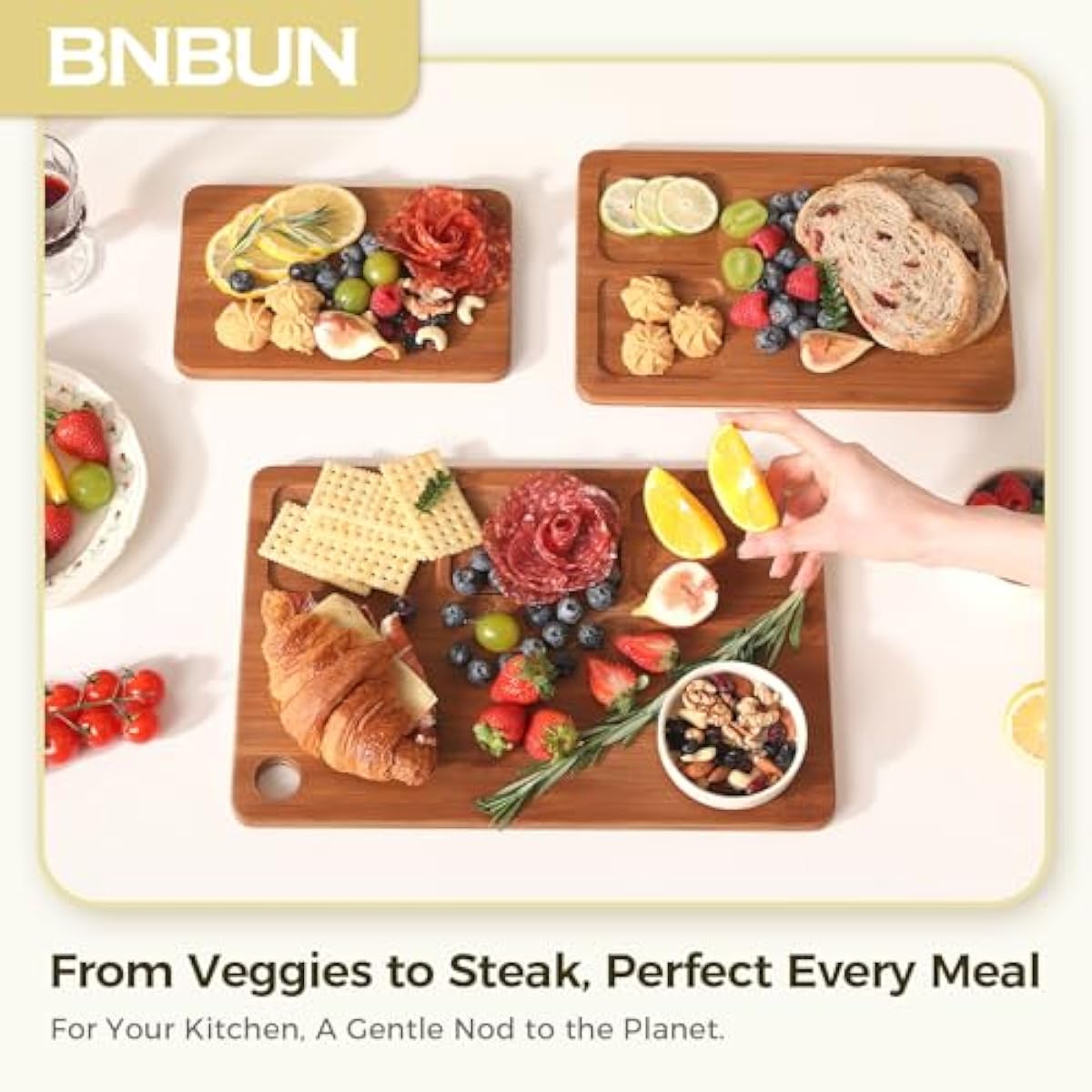 Bamboo Cutting Board for Kitchen – 3-Piece Wooden Boards with Juice Grooves, Side Handles, Non-Slip Mats – Perfect for Meat, Veggies Fruit,Cutting Board & Knife Sets – Ideal Kitchen Gift