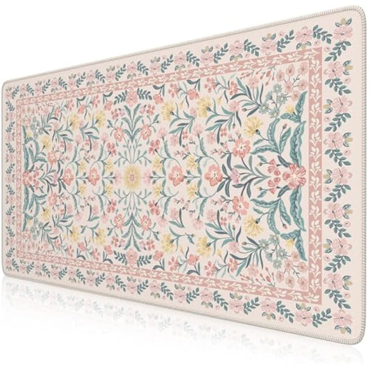 iCasso Pink Floral Desk Mat, Desk Pad, XXL Large Mouse Pad, Anti-Slip Big Mousepad with Stitched Edges, Computer Mouse Pads for Desktop Decor, Cute Office Desk Accessories for Women(Pink)