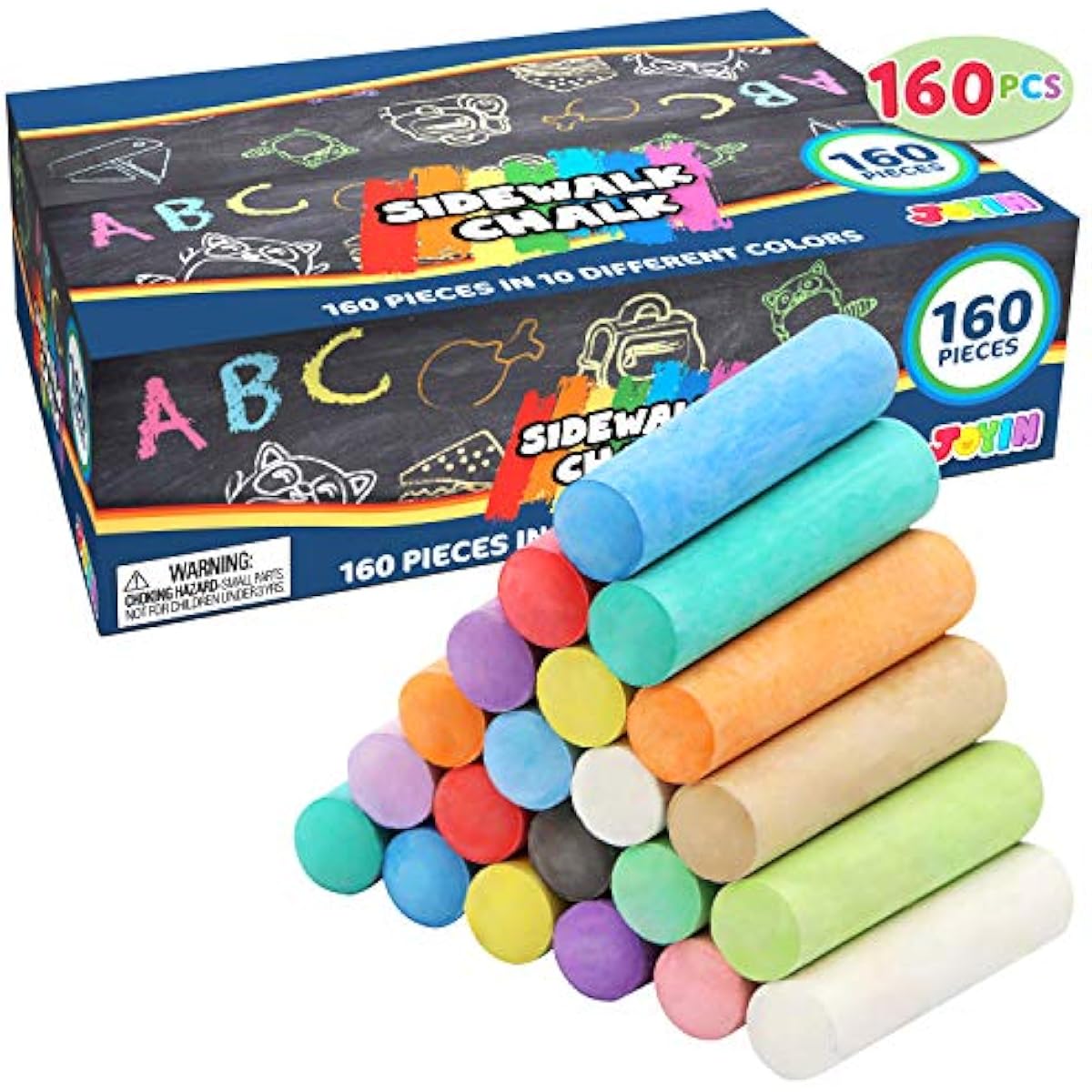 JOYIN 160 PCS Sidewalk Chalks Set-16 Colors Non-Toxic Washable Jumbo Chalk for Outdoor Art Play, Painting on Chalkboard, Blackboard and Playground