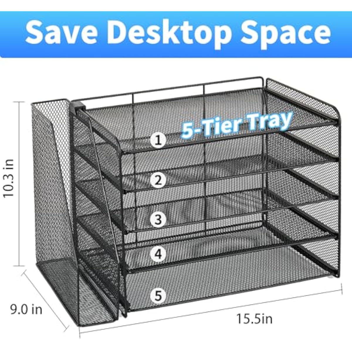 OPNICE Desk Organizer, 5-Tier Paper Organizer Letter Tray with Magazine Holder, Office Desk Accessories & Workspace Organizers, Desktop File Organizer for Office Supplies Storage, Black