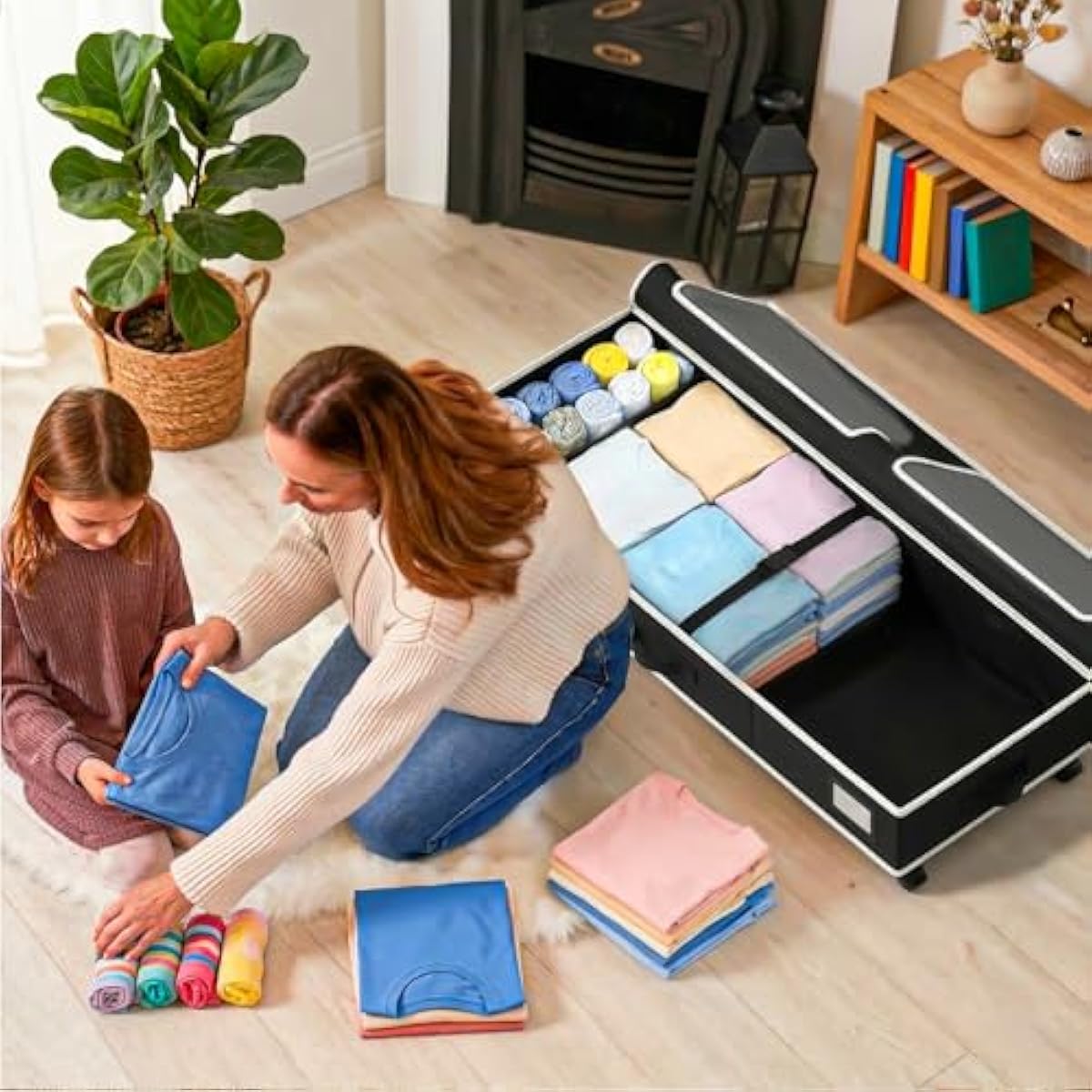 GoMaihe Under Bed Storage with Wheels: 70L Rolling Bins for Wrapping Paper Storage, Toys, Clothes - Includes Mesh Bag & Adjustable Dividers, Metal Frame Easy Pull-out Black 1-Pack