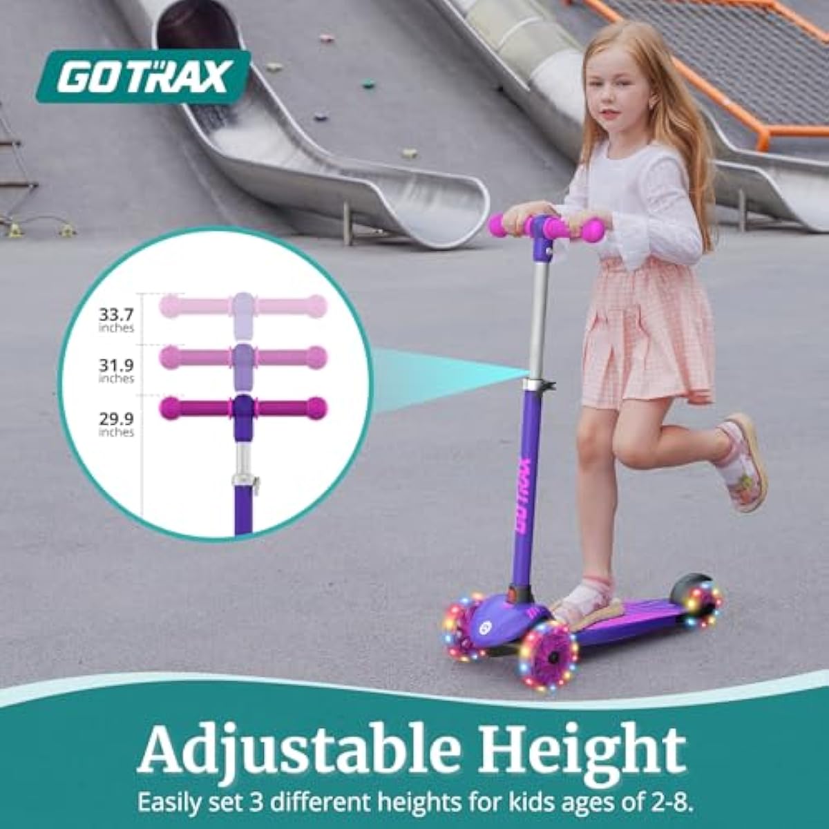 Gotrax KS1 Kids Kick Scooter, LED Lighted Wheels and 3 Adjustable Height Handlebars, Lean-to-Steer & Widen Anti-Slip Deck, 3 Wheel Scooter for Boys & Girls Ages 2-8 and up to 110 Lbs