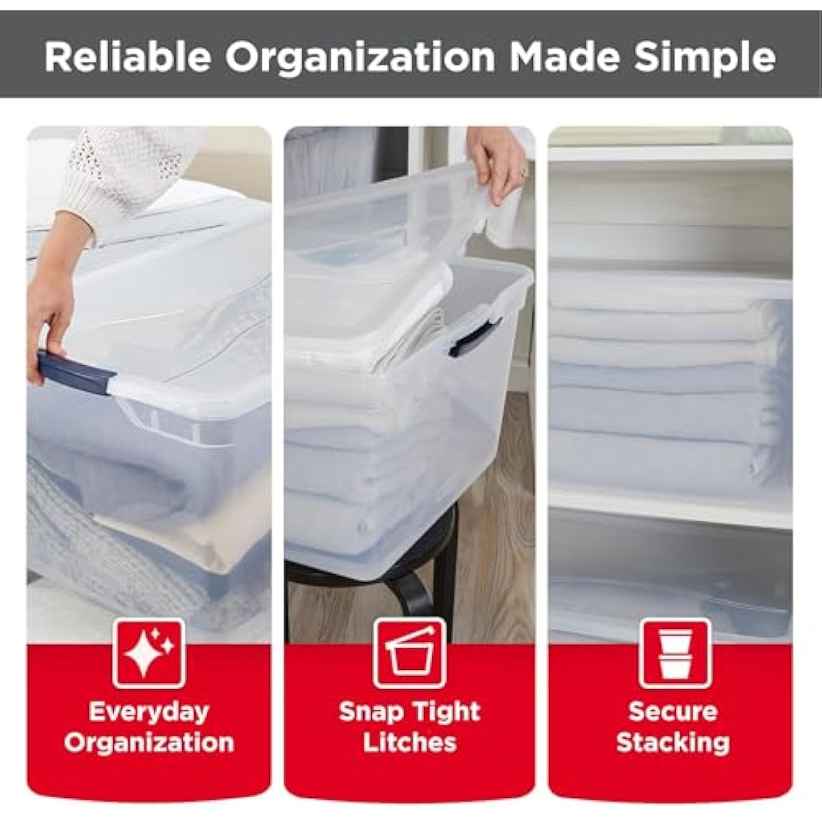 Rubbermaid Cleverstore 71 Qt Clear Storage Bins with Lids, 4-Pack, Stackable, BPA-Free, Made in USA