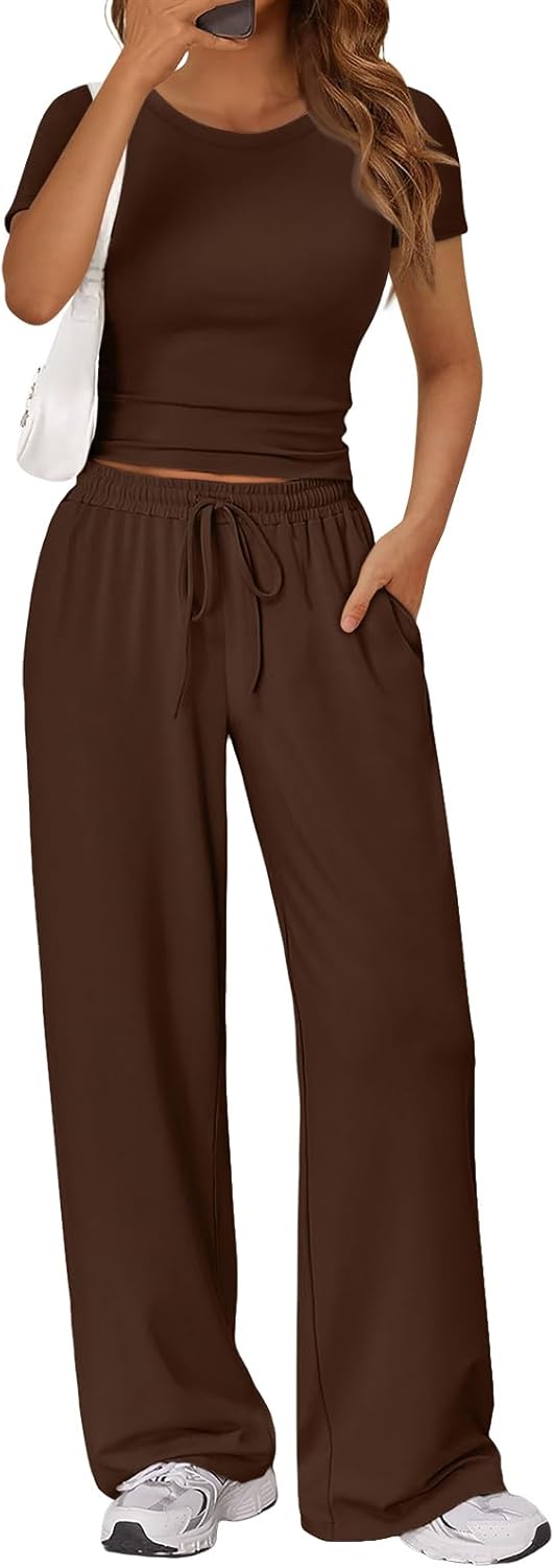 Trendy Queen 2 Piece Matching Summer Sweatsuit Lounge Set Womens Wide Leg Pants Side Ruching Crop Top Sets