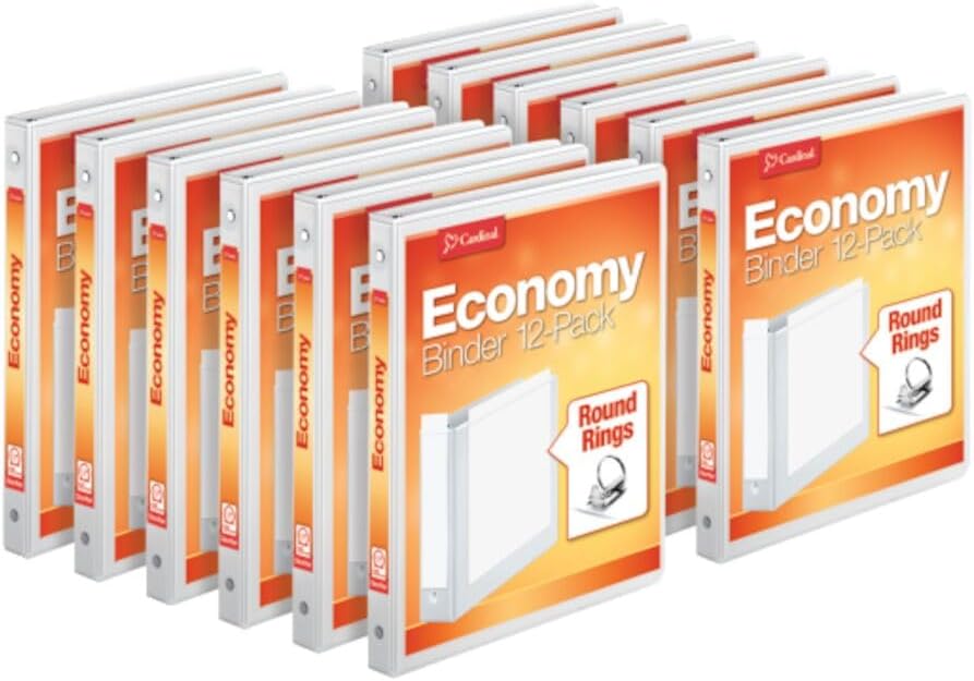 Cardinal Economy 3-Ring Binders, 1", Round Rings, Holds 225 Sheets, ClearVue Presentation View, Non-Stick, White, Carton of 12 (90621)
