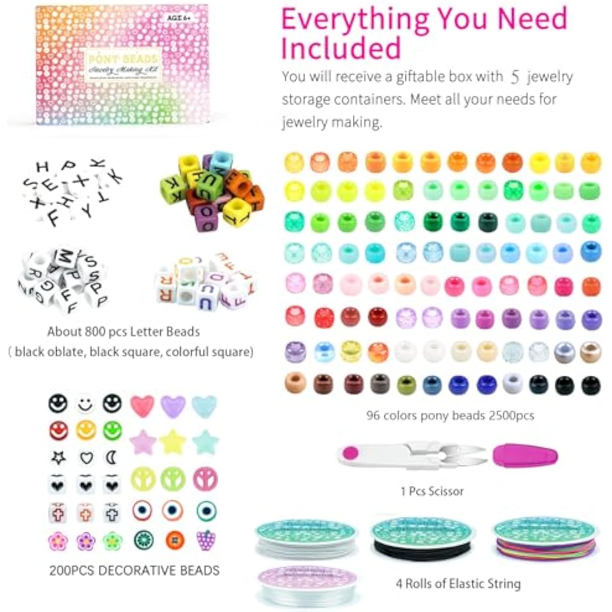 5 Boxes Bracelet Making Kit Pony Beads, 96 Colors 6x9mm 3500Pcs Kandi Rave Beads for Bracelets Friendship Plastic Bead with 800Pcs Letter Bead Arts and Crafts for Kids Adults Keychain Jewelry Making