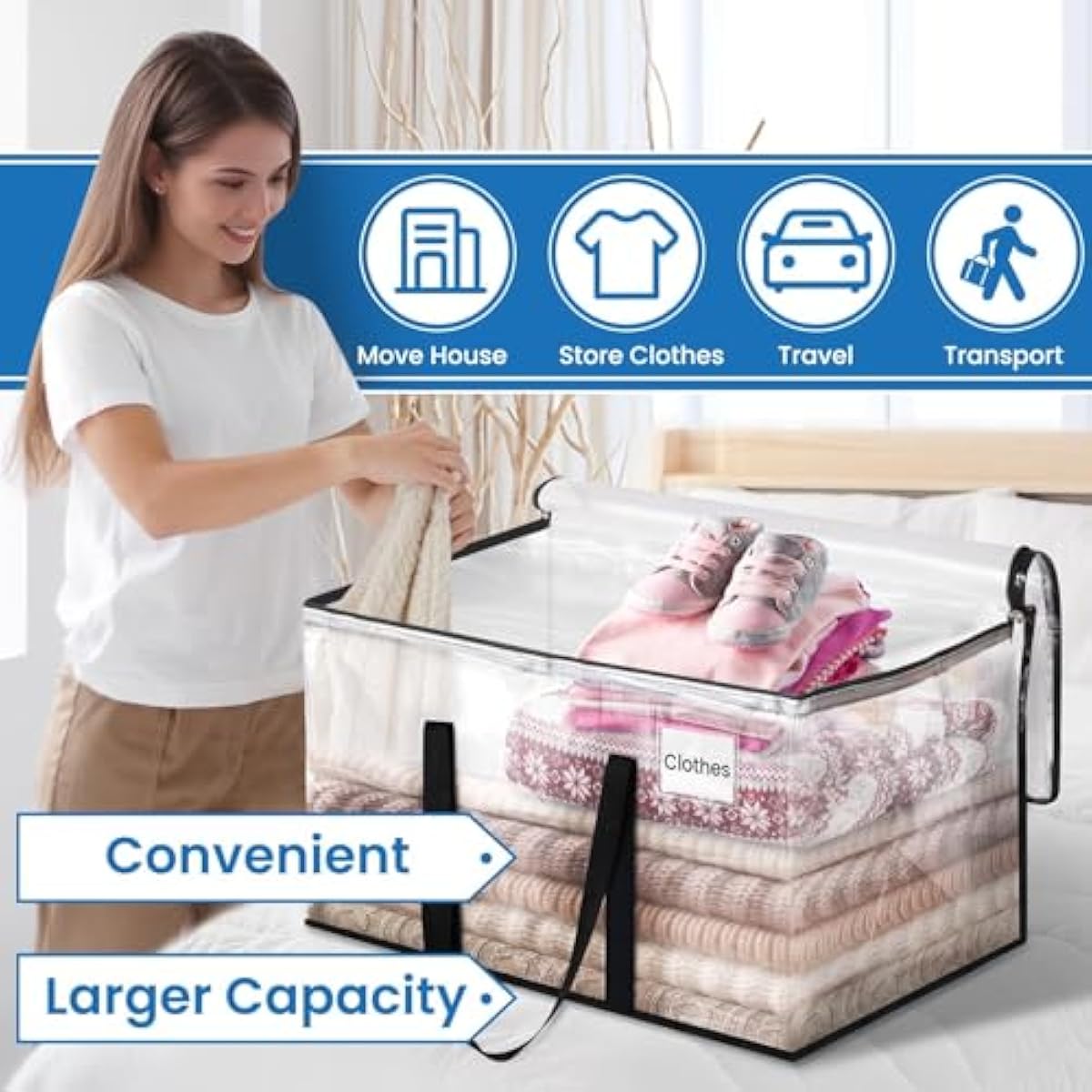 Heavy Duty Clear Moving Bags with Reinforced Handle and Double Zipper, Storage Totes, Packing Bags Alternative to Moving Essential and Supplies Box, Clear, Large, 6 Packs