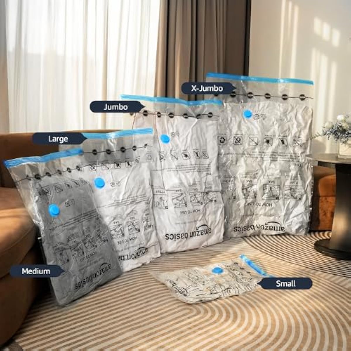 Amazon Basics Vacuum Storage Bags with Hand Pump for Travel, Space Saving Compression Bags for Clothes, Clothing, Blankets and Duvets, Clear, 20 Pack (5 Small, 5 Medium, 5 Large & 5 Jumbo)