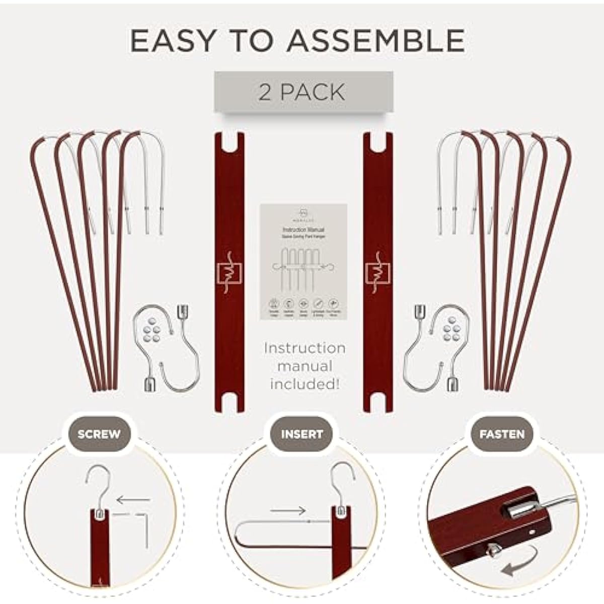 MORALVE Pants Hangers Space Saving - 2 Pack European Beechwood Scarf and Jean Hangers - Closet Organizer and Space Saver Pant Rack, Leggings Hanger, and Scarf Holder with 360° Swivel Hook
