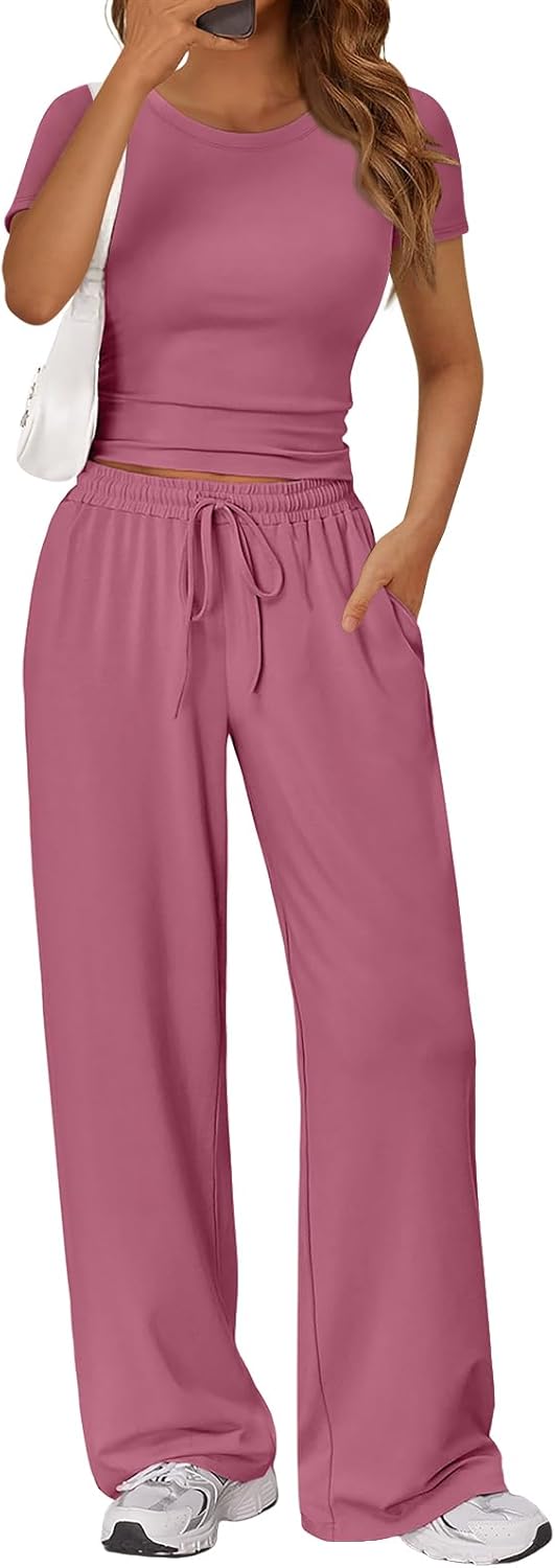 Trendy Queen 2 Piece Matching Summer Sweatsuit Lounge Set Womens Wide Leg Pants Side Ruching Crop Top Sets