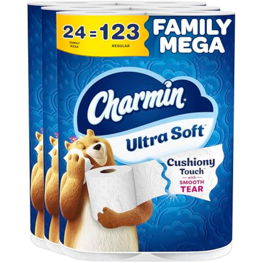 Charmin Ultra Soft Cushiony Touch Toilet Paper, 24 Family Mega = 123 Regular Rolls, White