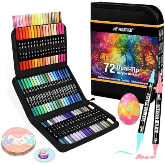 Pagather 72 Colors Acrylic Paint Markers, Dual Tip with Fine Tip and Brush Tip Pens for Stone, Wood, Calligraphy, Canvas, Ceramic, Metal, Glass, Rock Painting, DIY Crafts Art Supplies Kit