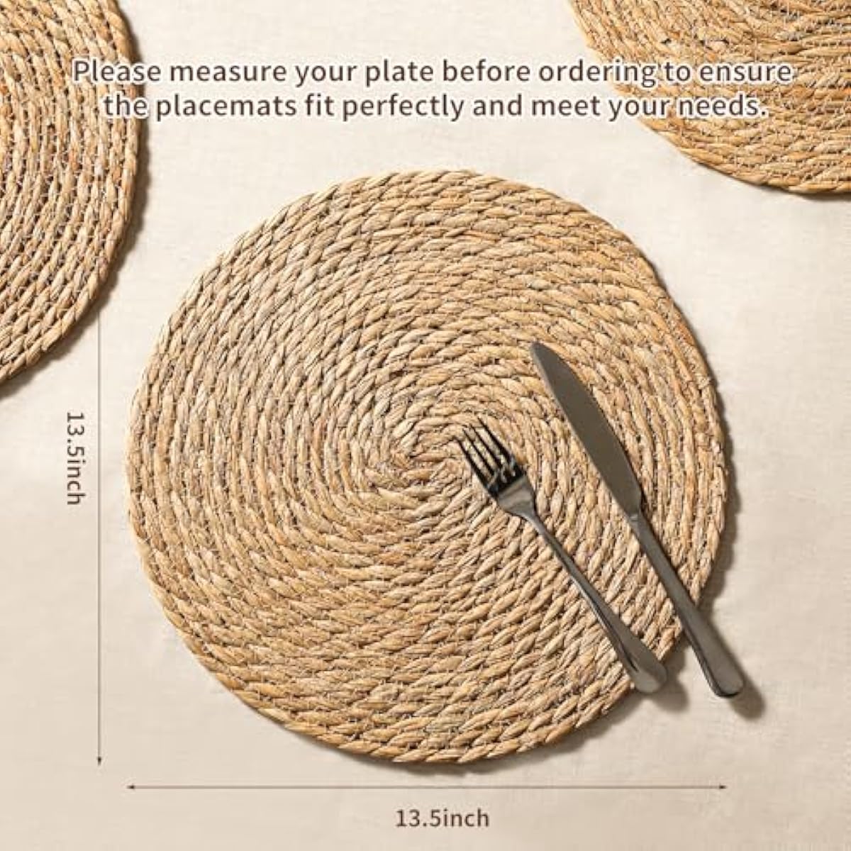 13.8'' Round Woven Placemats Set of 12, Boho Rattan Chargers for Dinner Plates, Rustic Wicker Place Mats, Straw Braided Table Placemats, for Dining Table Decor, Wedding, Farmhouse and Outdoor