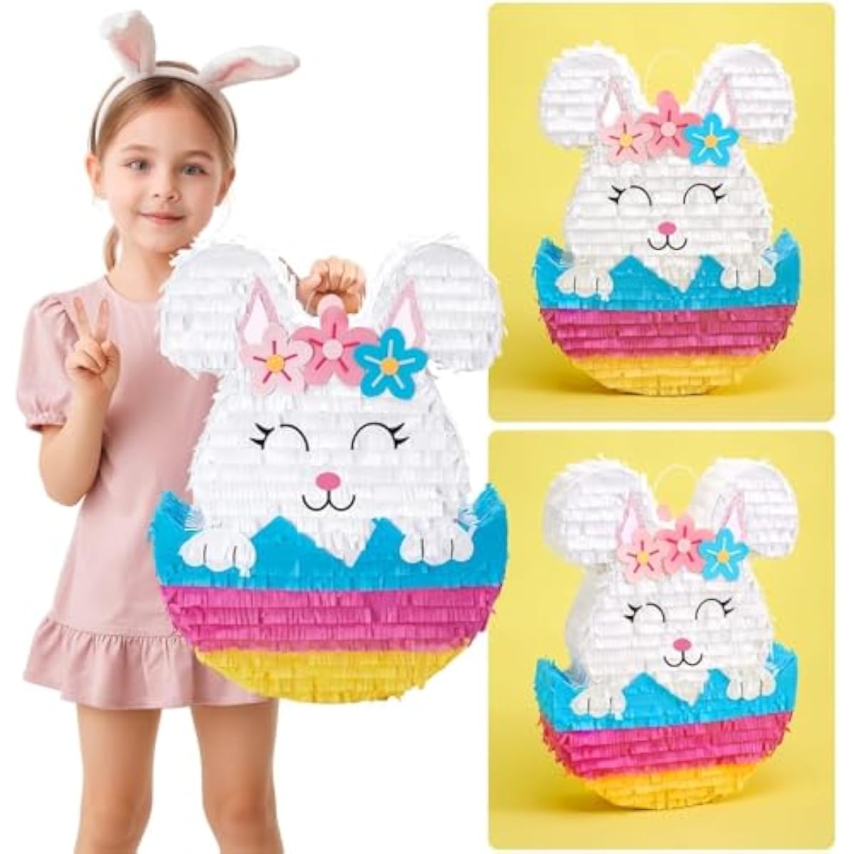 WERNNSAI Easter Bunny Piñata - Easter Rabbit Piñata Spring Pinata with Blindfold and Stick for Birthday Party Decoration Baby Shower School Activities Game Spring Party Game