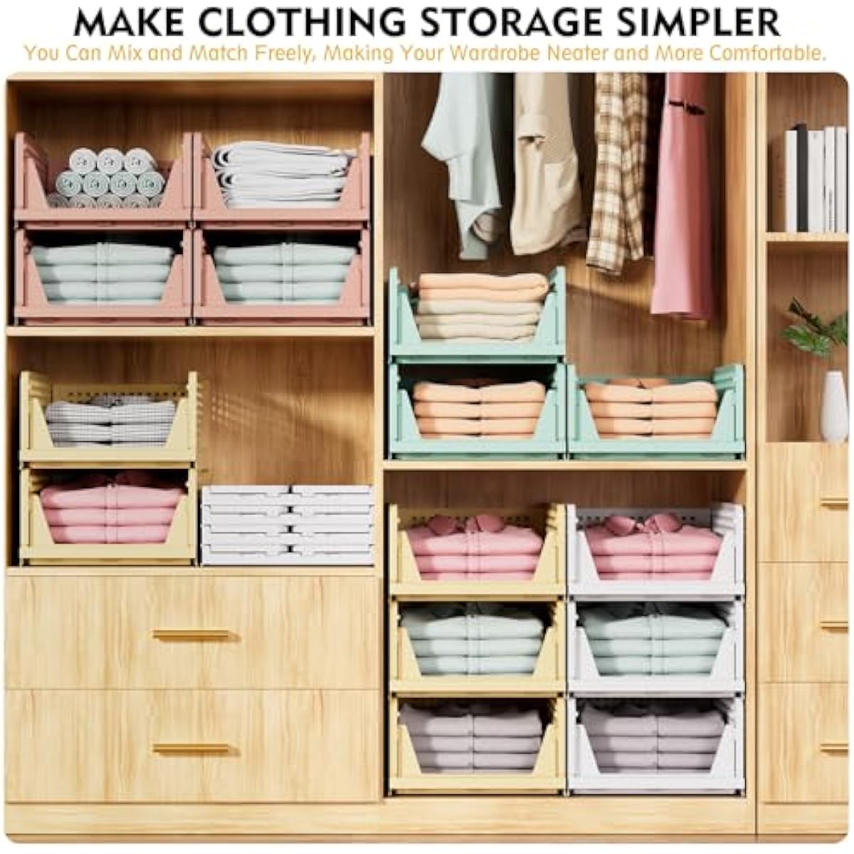 SNSLXH 5 Pack Stackable Closet Storage Basket, Multifunctional & Foldable Closet Organizer for Bathroom Kitchen Laundry Room Wardrobe Storage, Space-Saving Clothes Storage Drawer Organizer, White