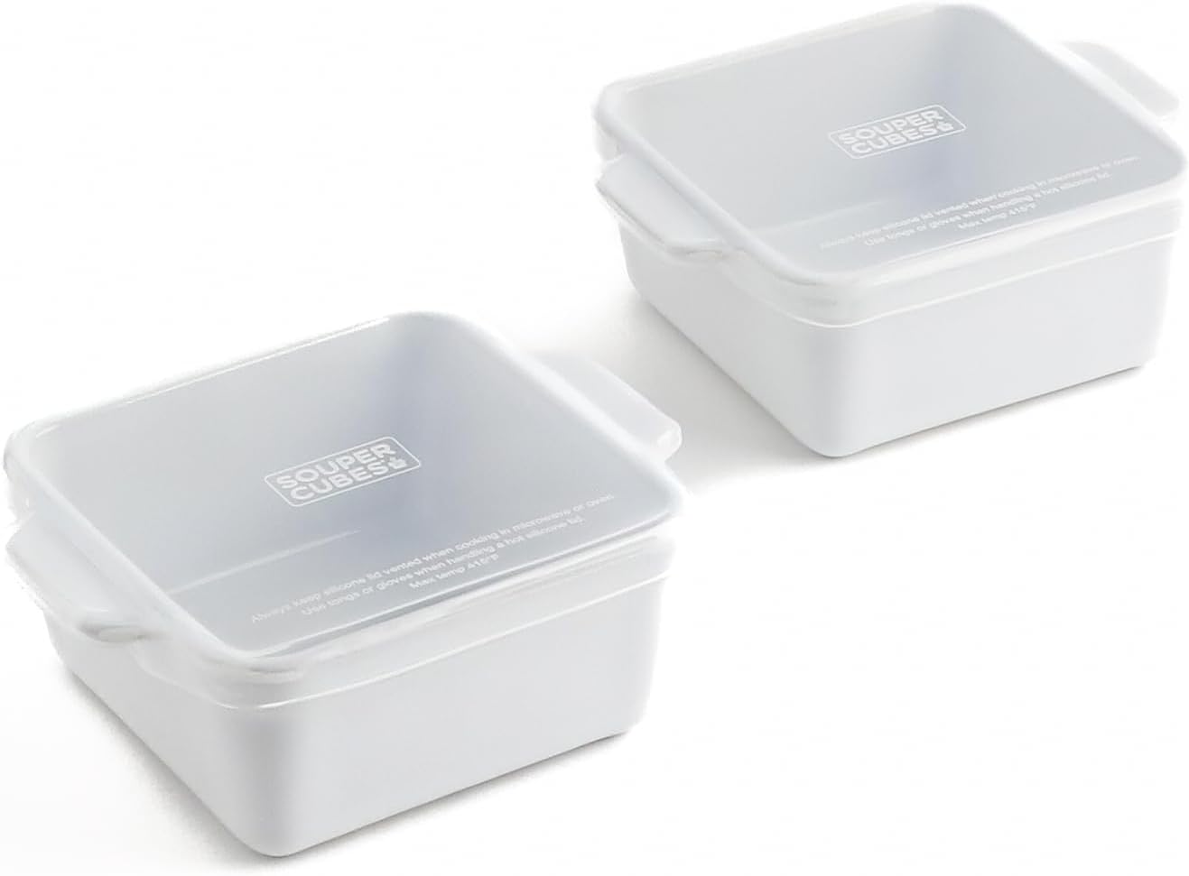 Souper Cubes Stoneware 2.0-5" x 5" Baking Dishes for Oven, Made in USA, Premium Mini Ceramic Baking Dishes with Silicone Covers for Individual Portions, Set of 2 - White