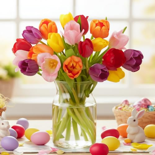 Benchmark Bouquets - Rainbow Tulips - Fresh Flowers for Delivery - Real Flowers - Birthday Flowers for Women - Birthday Flower Bouquet - Congratulations Gift - Glass Vase Included (20 Stems)