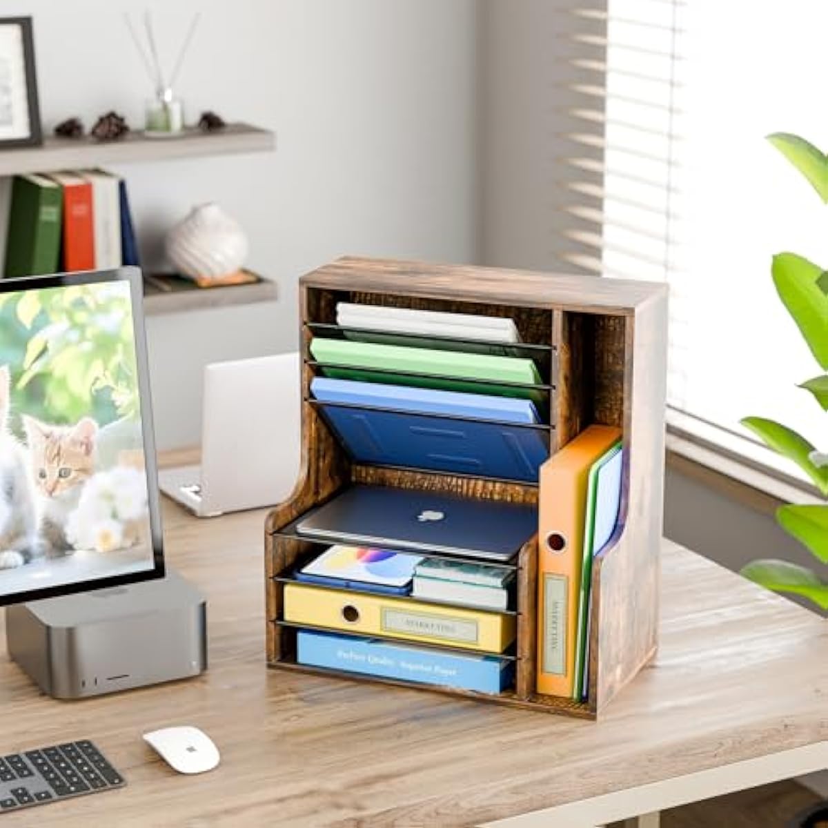 Simple Trending 7 Tier Desk File Organizer, Wooden Letter Tray Paper Organizer with Adjustable File Holder, Mesh Desktop Organizer and Storage for Office Supplies