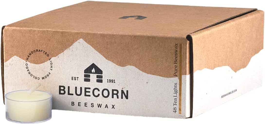 Bluecorn Beeswax Tea Light Candles, 100% Pure Natural Bees Wax, Yellow Tea Lights, Fragrance Free, Paraffin & Soy Free Candle Wax, Clean Burning, Long Lasting (4-5 Hrs), American Made, 24 Pack